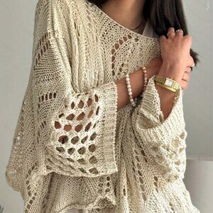 Apricot Casual Women's Hollow-Out 3/4 Sleeve Knit Sweater Off-Shoulder Soft